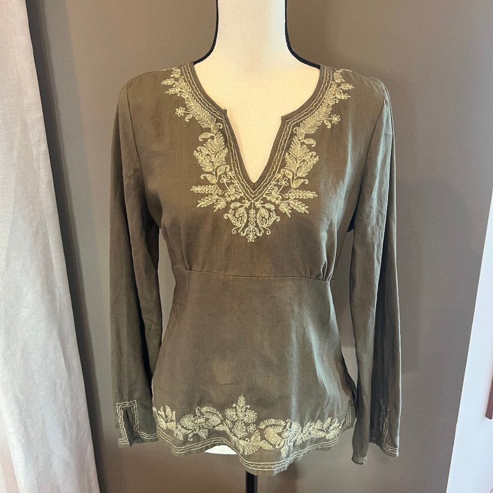 Willi Smith Linen Mandarin Collar Olive Green with cream stitching, Size Medium